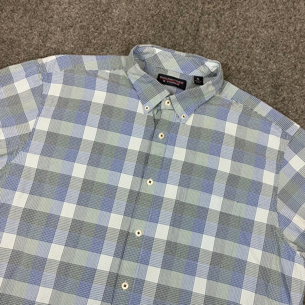 Roundtree & Yorke Mens XL Blue Green Plaid Seersucker Short Sleeve Button Shirt